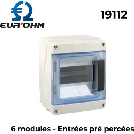 Eur Ohm – Coffret électrique étanche IP65 – 1 rangée – 6 modules – Entrées défonçables pour câbles – Fixation en saillie