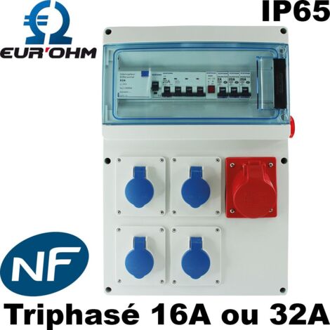 Eur Ohm – Coffret provisoire 4 prises 2P+T 16A IP44 – 1 prise 3P+N+T 400V – Arrêt d'urgence et voyant – Protection générale 30mA (1/5)