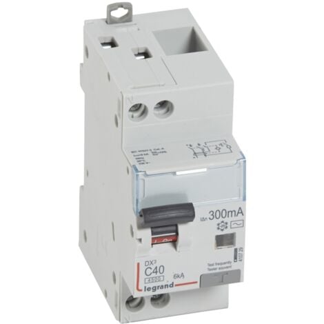 Disjoncteur différentiel DX³4500 arrivée haute et départ bas à vis U+N 230V 40A type AC 300mA courbe C 2 modules LEGRAND 410729