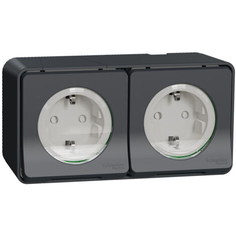 Schneider Electric – Prise de courant saillie 2P+T schuko précâblée IP55 IK08 – Laiton et polycarbonate – 16A 250V – Montage sans vis – Gris RAL 7016 (1/3)