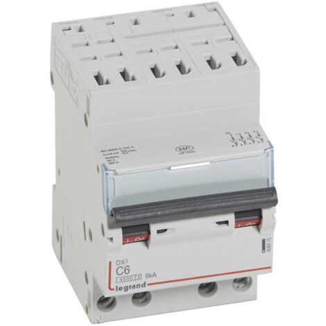Disjoncteur DX³4500 6kA arrivée haute borne auto sortie basse à vis tétrapolaire 400V 6A courbe C 3 modules LEGRAND 406915