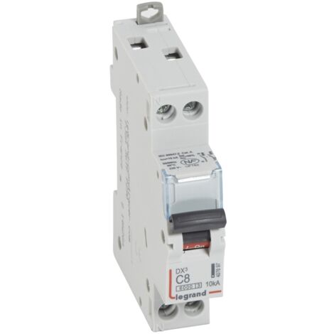 Disjoncteur DX³6000 10kA arrivée haute et départ bas à vis U+N 230V 8A courbe C 1 module LEGRAND 407697 (1/2)