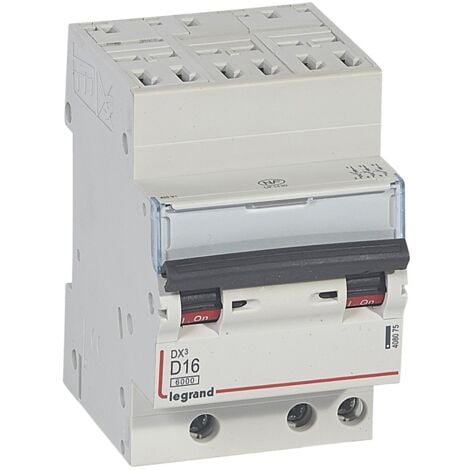 Disjoncteur DX³6000 10kA arrivée haute automatique départ bas à vis 3 Pôles 400V 16A courbe D LEGRAND 408075