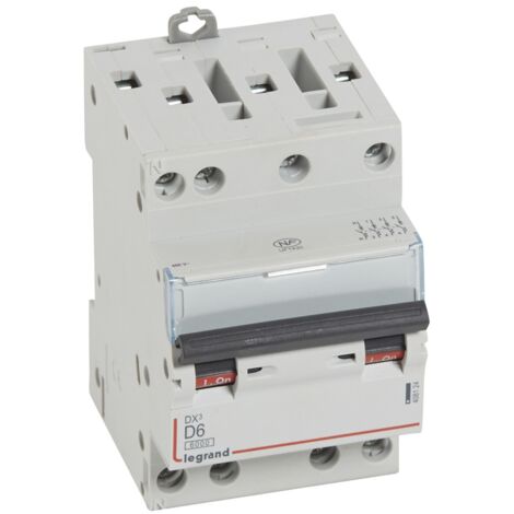 Disjoncteur DX³6000 10kA arrivée haute et départ bas à vis 4 Pôles 400V 6A courbe D pour peigne HX³ optimisé LEGRAND 408124