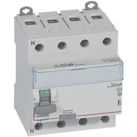 Interrupteur différentiel DX³-ID arrivée haute et départ bas à vis 4 Pôles 400V 80A type A 30mA 4 modules LEGRAND 411677