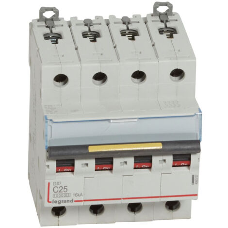 Disjoncteur DX³10000 16kA arrivée haute et départ bas à vis 4 Pôles 400V 25A courbe C 4 modules LEGRAND 409357