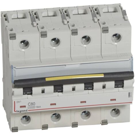 Legrand – Disjoncteur tétrapolaire 80A – Courbe C – 400V – 16kA – Arrivée haute et départ bas à vis – 6 modules – Rail DIN (1/3)