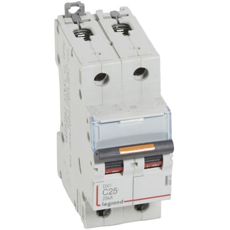 Disjoncteur DX³ 25kA arrivée haute et départ bas à vis 2 Pôles 230V à 400V 25A courbe C 2 modules LEGRAND 409770