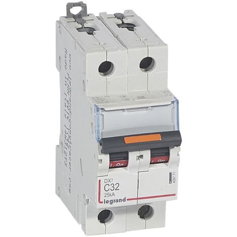 Disjoncteur DX³ 25kA arrivée haute et départ bas à vis 2 Pôles 230V à 400V 32A courbe C 2 modules LEGRAND 409771