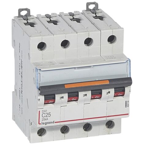 Disjoncteur DX³ 25kA arrivée haute et départ bas à vis 4 Pôles 400V 25A courbe C 4 modules LEGRAND 409796
