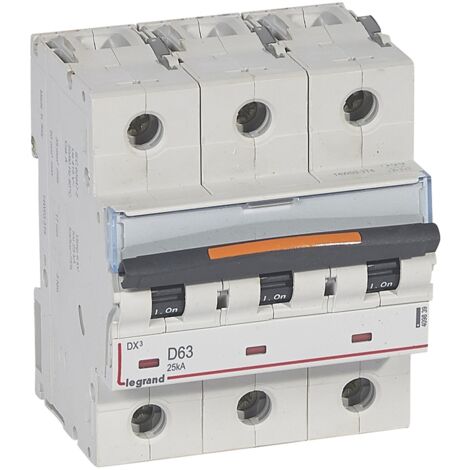 Disjoncteur DX³ 25kA arrivée haute départ bas à vis 3 Pôles 400V 63A courbe D 4,5 modules LEGRAND 409839 (1/2)