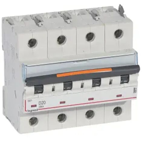 Disjoncteur DX 25kA arrivée haute et départ bas à vis 4P 400V 20A courbe D 6 modules (409847)