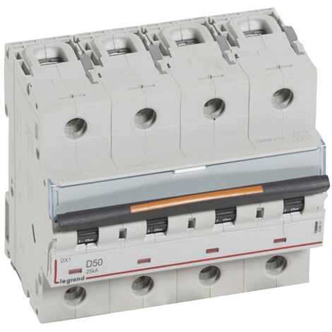Disjoncteur DX³ 25kA arrivée haute et départ bas à vis 4 Pôles 400V 50A courbe D 6 modules LEGRAND 409851 (1/2)