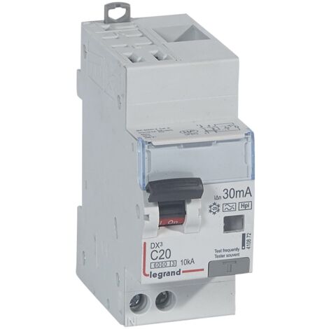 Disjoncteur différentiel monobloc DX³6000 10kA arrivée haute automatique départ bas vis U+N 230V 20A type F 30mA LEGRAND 410872