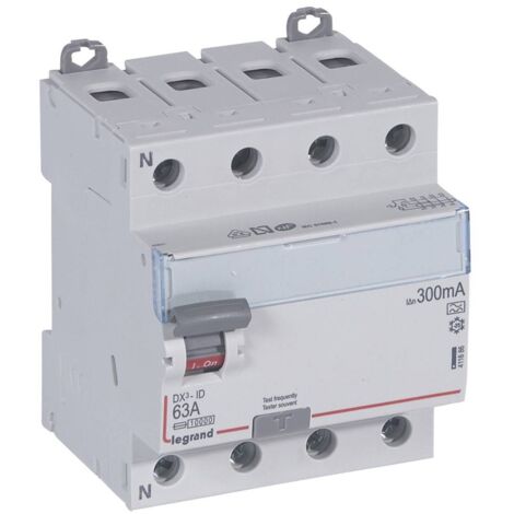 LEGRAND Interrupteur différentiel DX³-ID arrivée haute et départ bas à vis - 4P 400V 63A typeA 300mA - 4 modules réf : 411686