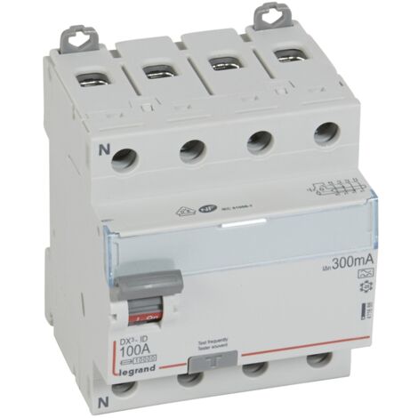 LEGRAND Interrupteur différentiel DX³-ID arrivée haute et départ bas à vis - 4P 400V 100A typeA 300mA - 4 modules réf : 411688