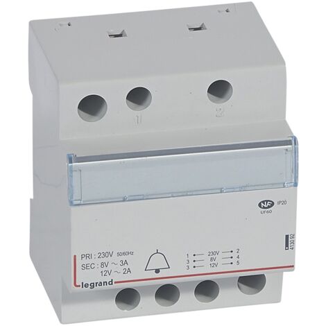 Transformateur pour sonnerie 230V vers 12V ou 8V - 24VA - 4 modules - LEGRAND