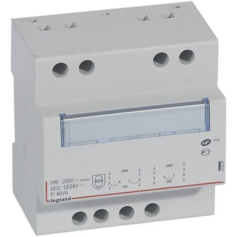 Legrand – Transformateur de sécurité 230V vers 12V ou 24V – 40VA – 5 modules – Protection contre surcharges et courts-circuits – Montage sur rail (1/2)