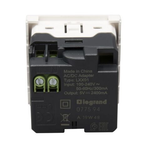 Alimentation USB 230V/5V 2 ports 2 modules blanc LEGRAND Mosaic 077594