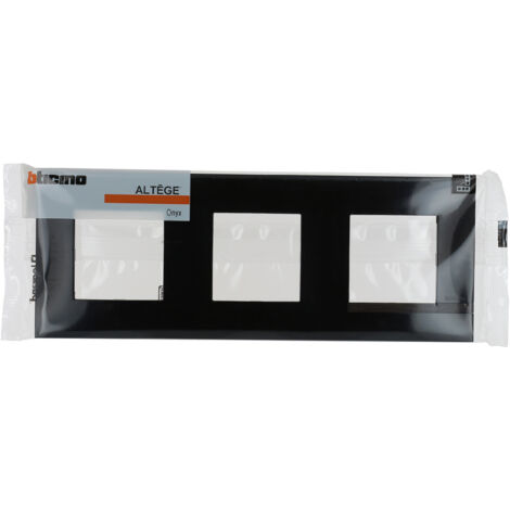 Bticino - Plaque Altège Déco 3 postes Onyx - Noir brillant avec liseré bois foncé (1/5)