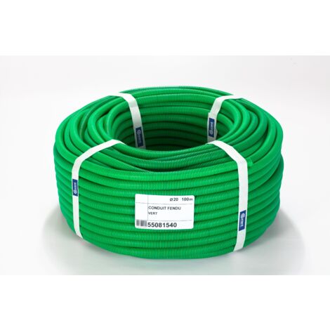 Gaine électrique Flexzip verte standard fendue D.20mm – Longueur 50m – Non propagateur de la flamme – Fabrication française – Courant
