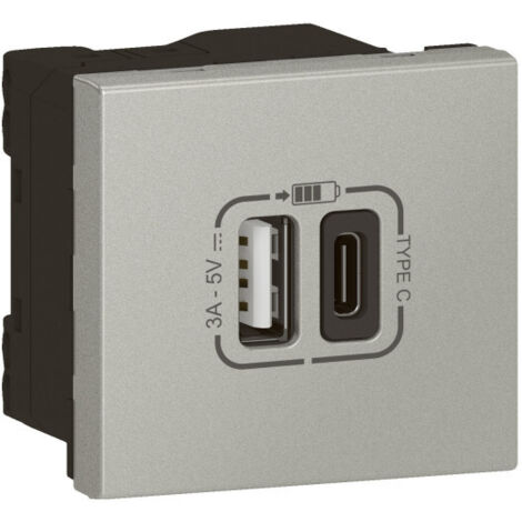 Chargeur USB Type-A + USB Type-C 3A 15W Mosaic Link 230V 2 modules noir alu LEGRAND 079293L (1/4)