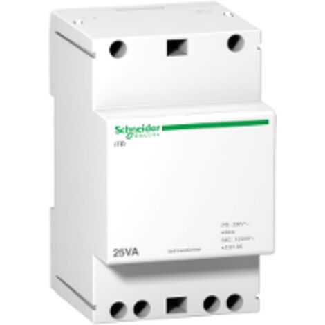 Schneider Electric – Transformateur pour tableau électrique 25VA 230VCA vers 12-24VCA – Protection court-circuit intégrée – Rail DIN 35mm – Dimensions 89x54x60mm (1/3)
