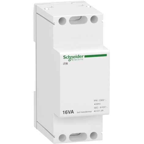 Schneider Electric – Transformateur de sonnerie et ronfleur 16VA 230V CA – Tension de sortie 8/12V CA – Rail DIN 35mm – A9A15212