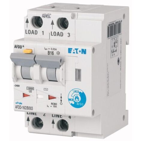 Disj. diff. et de dét d'arc élec. 2 poles 16A courbe B 30mA type AC 000187203 EATON AFDD 16/2/B/003