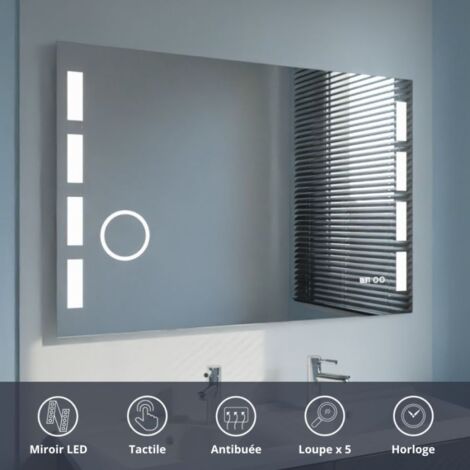 Miroir lumineux de salle de bain 120x80 cm – Éclairage LED 1200 lumens – Système anti-buée et loupe x5 – Horloge intégrée – Excellence