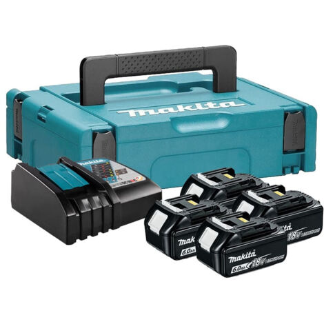 Makita – Pack de 4 batteries 18V Li-Ion 6.0Ah avec chargeur rapide DC18RC – Autonomie prolongée – Indicateur de charge – Coffret MakPac (1/3)