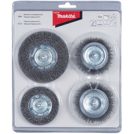 Makita – Jeu de brosses rondes 4 pièces D65729 – Acier galvanisé 63mm et 75mm – Pour perceuse avec logement Ø6mm (1/4)