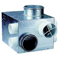 Unelvent – Caisson VMC GAZ pour extraction de combustion chaudière gaz – 1 piquage aspiration D 125 mm avec joint – 4 piquages D 80 mm – Refoulement D 160 mm