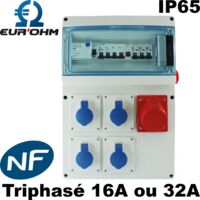 Eur Ohm – Coffret de chantier 4 prises 230V – 1 prise 3P+N+T 400V 16A – Coffret étanche IP65 – Interrupteur différentiel 30mA 63A