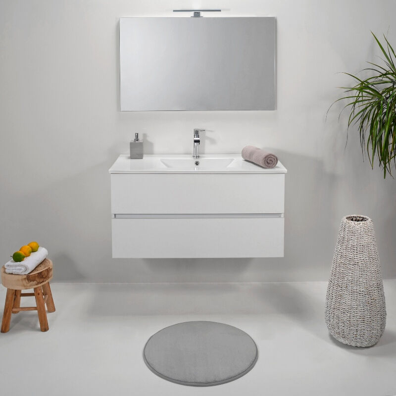 Mobile Bagno Moderno Sospeso 80 cm Bianco 2 Cassetti Lavabo e Lampada