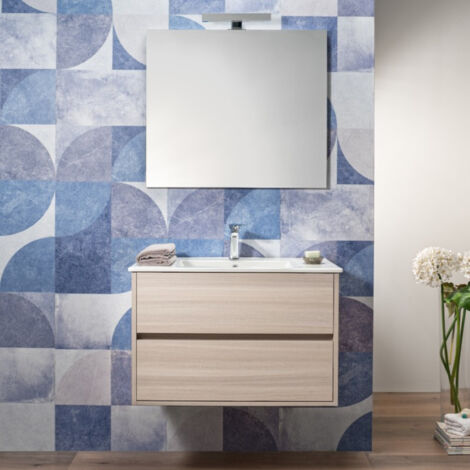 Mobile Bagno 80 cm Sospeso Rovere 2 Cassetti Lavabo Specchio e Lampada (1/5)