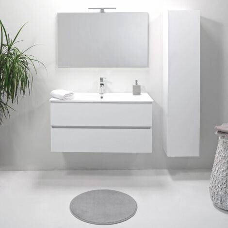 Mobile Bagno 80 cm Sospeso Bianco con Colonna Lavabo Specchio e Lampada