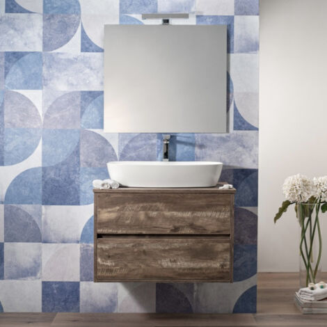 Mobile Bagno Sospeso 100 cm Effetto legno Grezzo 2 Cassetti Top per Lavabo da Appoggio (1/5)