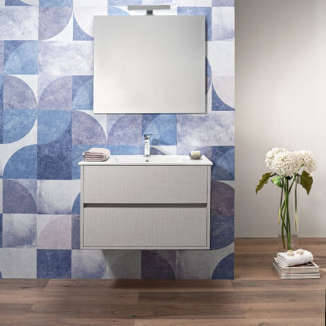 Mobile Bagno Beige effetto tessuto 80 Cm Sospeso 2 Cassetti Lavabo e Specchio