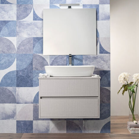 Mobile Bagno Sospeso 80 cm Beige Effetto Tessuto 2 Cassetti Top per Lavabo da Appoggio