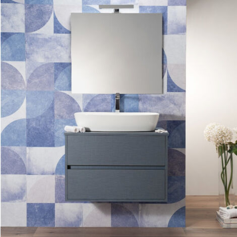 Mobile Bagno Sospeso 80 cm Blu Oceano Effetto Tessuto 2 Cassetti Top per Lavabo da Appoggio