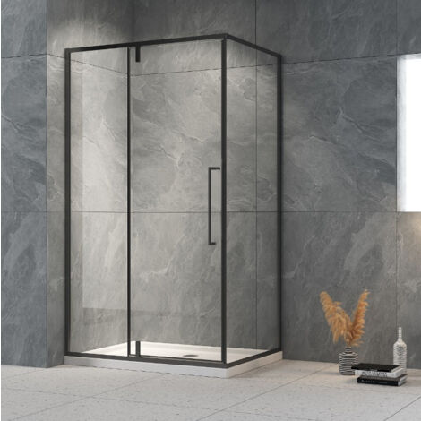 Box Doccia 80x100 Cm Angolare Nero Slim Parete Fissa e Porta Battente Trasparente  Lux