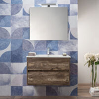 Mobile Bagno Sospeso Effetto Legno Grezzo 100 Cm 2 Cassetti Lavabo e Specchio