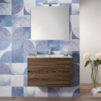 Mobile Bagno Noce Sospeso 80 Cm 2 Cassetti Lavabo e Specchio