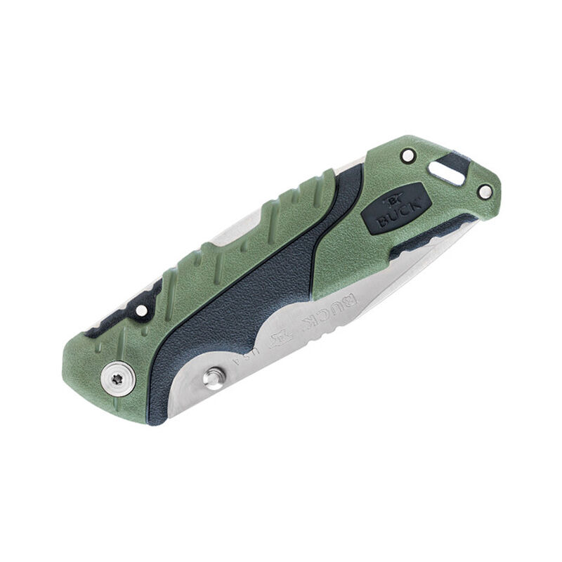 Buck Knives STE-0661GRS Coltello da caccia pieghevole Pursuit Small, 7,62  cm Drop Point, lama fissa in acciaio inox 420HC con manico in polimero,  gomma nera/verde e fodero in poliestere nero.