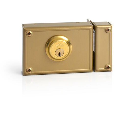 Serratura A Sovrapposizione AMIG Destra - Con Leva Di Chiusura, Linguetta, Per Porte In Legno, 80x95 Mm, Cilindro Rotondo, Acciaio Dorato