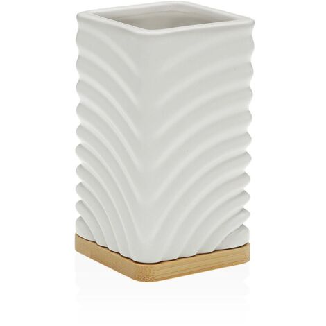 Bicchiere Portaspazzolini In Ceramica E Bambù Oslo Bianco - Accessorio Bagno Elegante