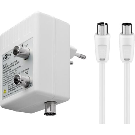 Amplificatore d'antenna con 2 uscite, 15-30 dB, per collegare fino a due ricevitori per la TV via cavo o la radio.