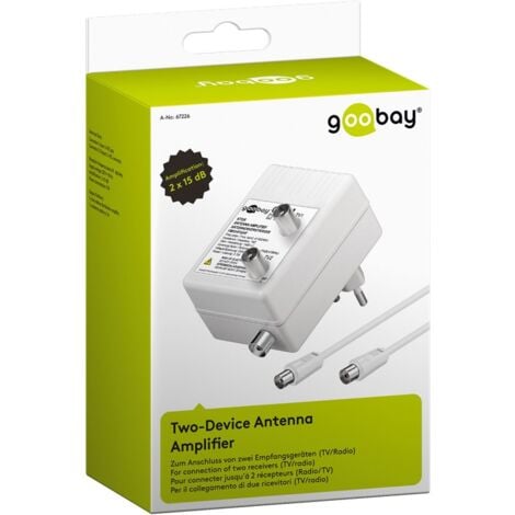 Amplificatore d'antenna con 2 uscite, 15-30 dB, per collegare fino a due ricevitori per la TV via cavo o la radio.