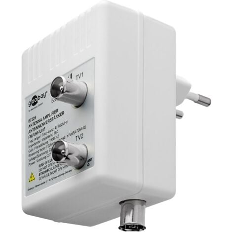 Amplificatore d'antenna con 2 uscite, 15-30 dB, per collegare fino a due ricevitori per la TV via cavo o la radio.